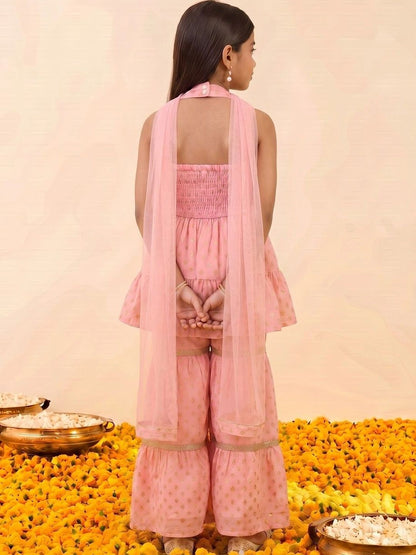 Girls Floral Printed Empire Kurta with Sharara & With Dupatta