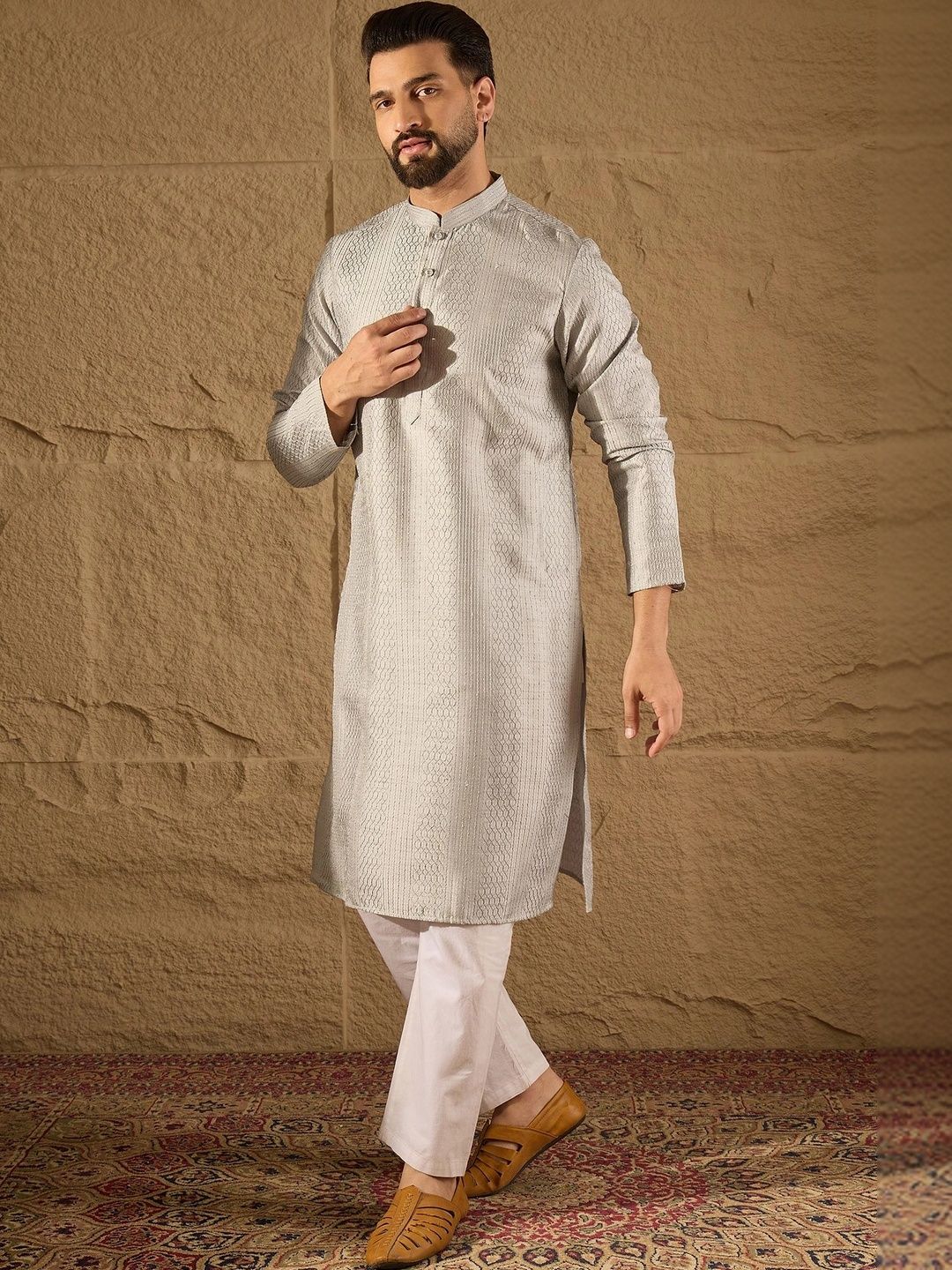 Men Woven Design Mandarin Collar Kurta (Top only)