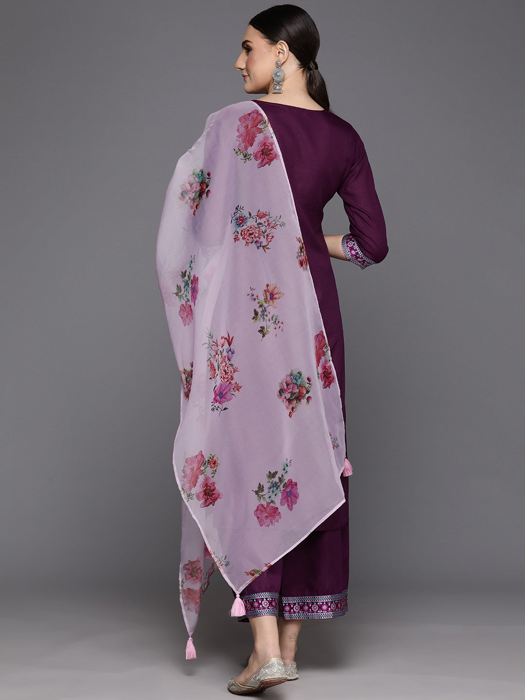 Women Purple Yoke Design Regular Kurta with Palazzos & With Dupatta