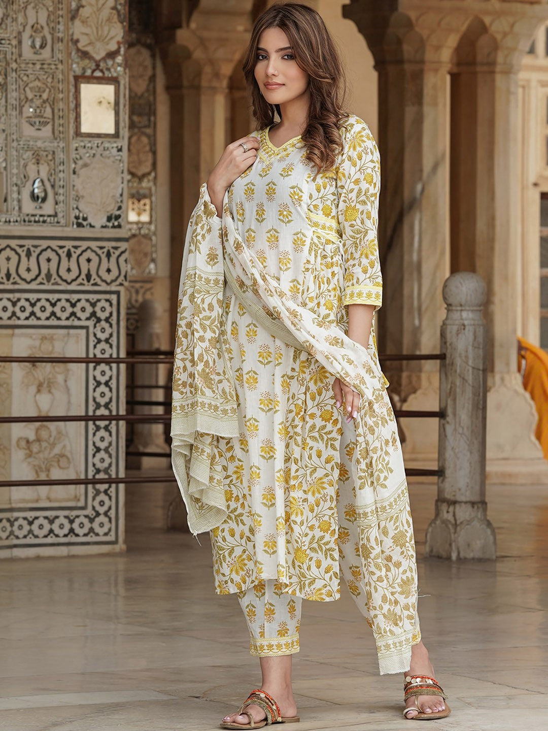 Floral Printed Mirror Work A-Line Pure Cotton Kurta with Trousers & Dupatta