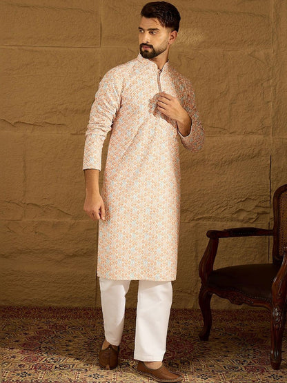 Geometric Printed Mandarin Collar Straight Kurta & Trousers