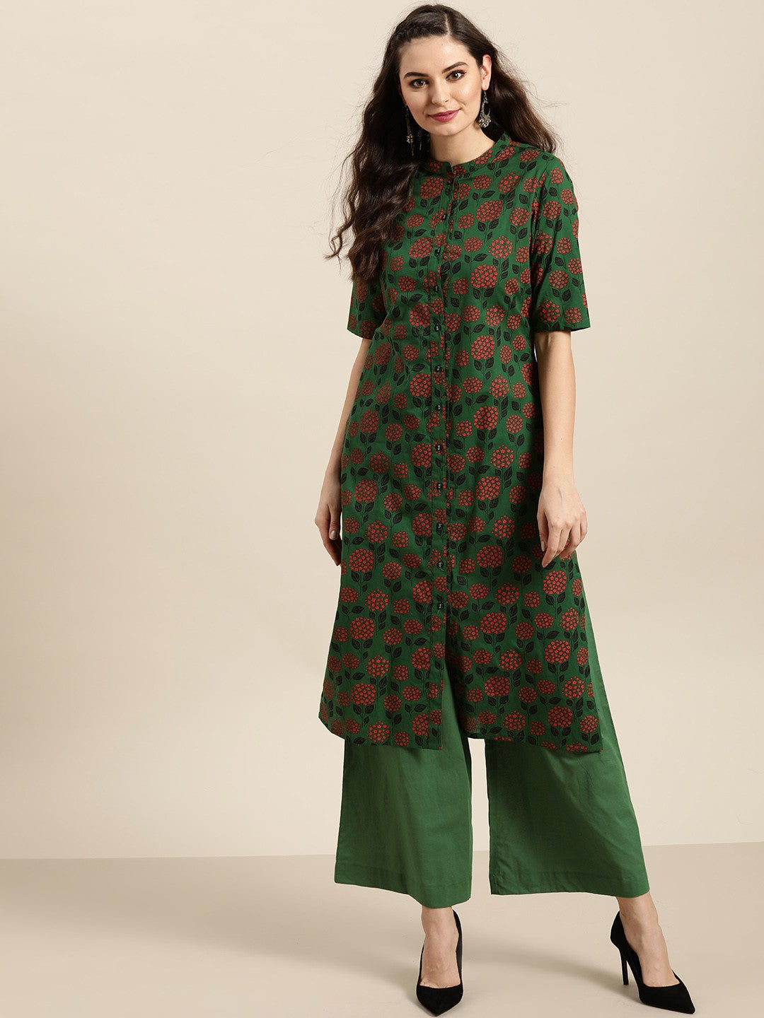 Women Green & Red Pure Cotton Printed Kurta with Palazzos