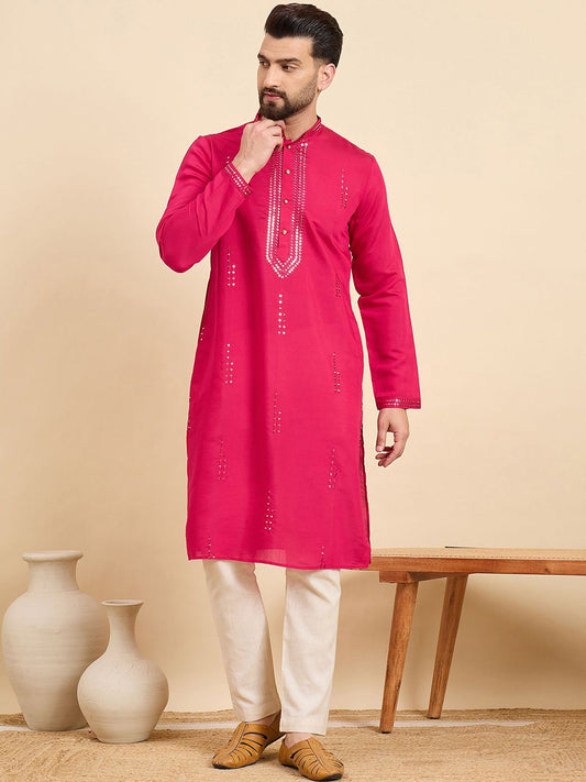 Men Motifs Embroidered Sequinned Mandarin Collar Straight Kurta