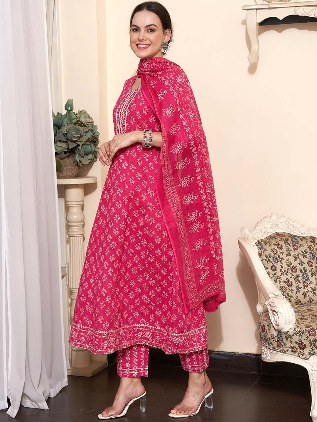 Printed & Embroidered Pure Cotton A-Line Kurta With Trouser & Dupatta