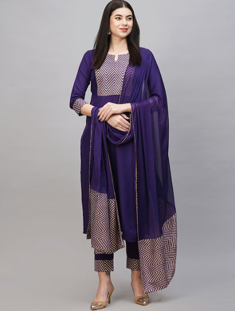 Geometric Yoke Design Gotta Patti Kurta & Trousers With Dupatta