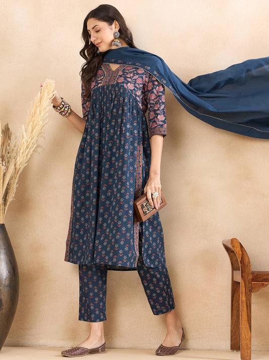 Floral Printed Empire Gotta Patti Pure Cotton Anarkali Kurta with Trousers & Dupatta