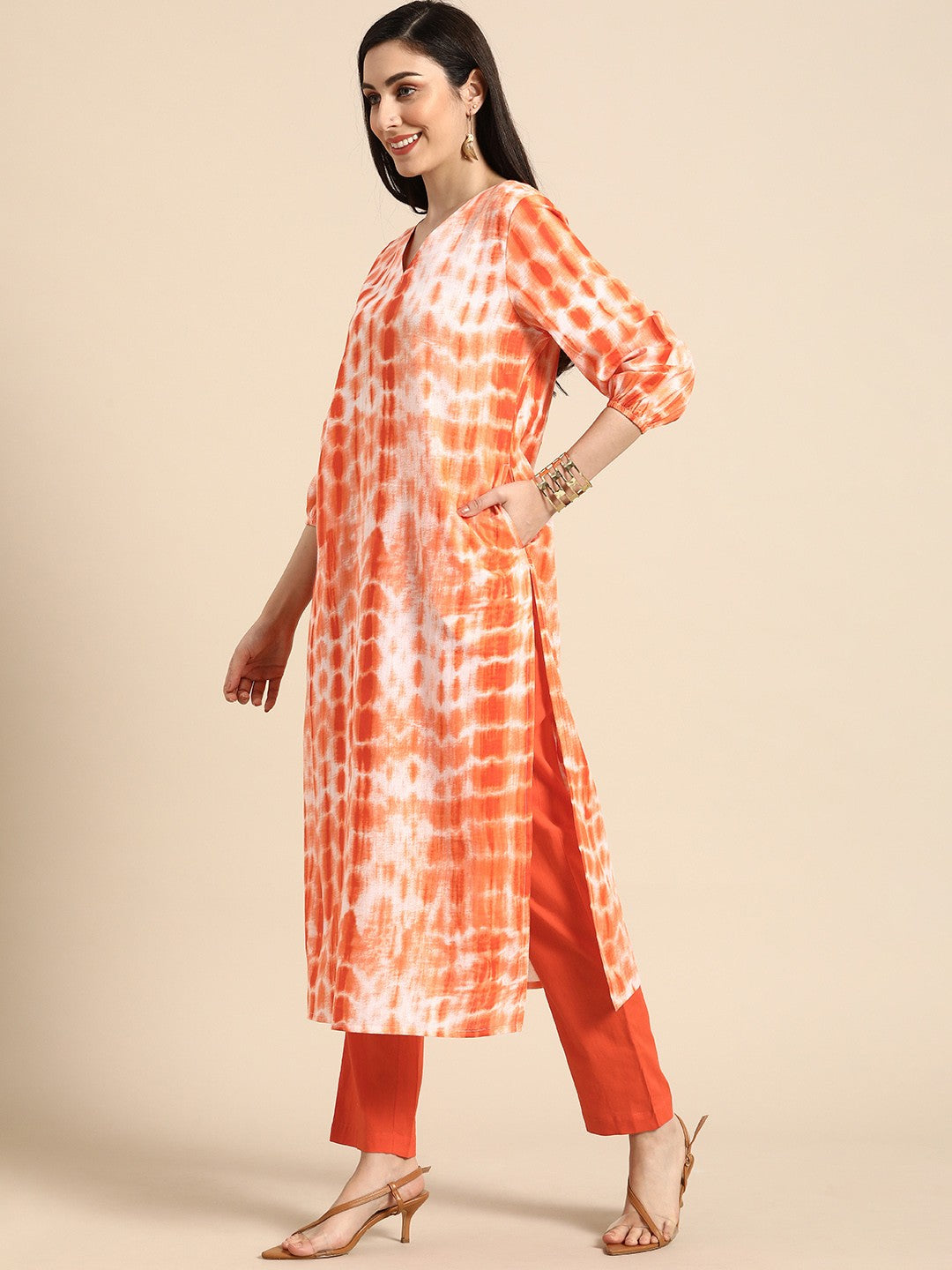 Women Orange Dyed Pure Cotton Kurta with Trousers