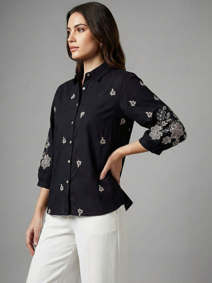 Women Shirt Collar Embroidered Ethnic Tunic