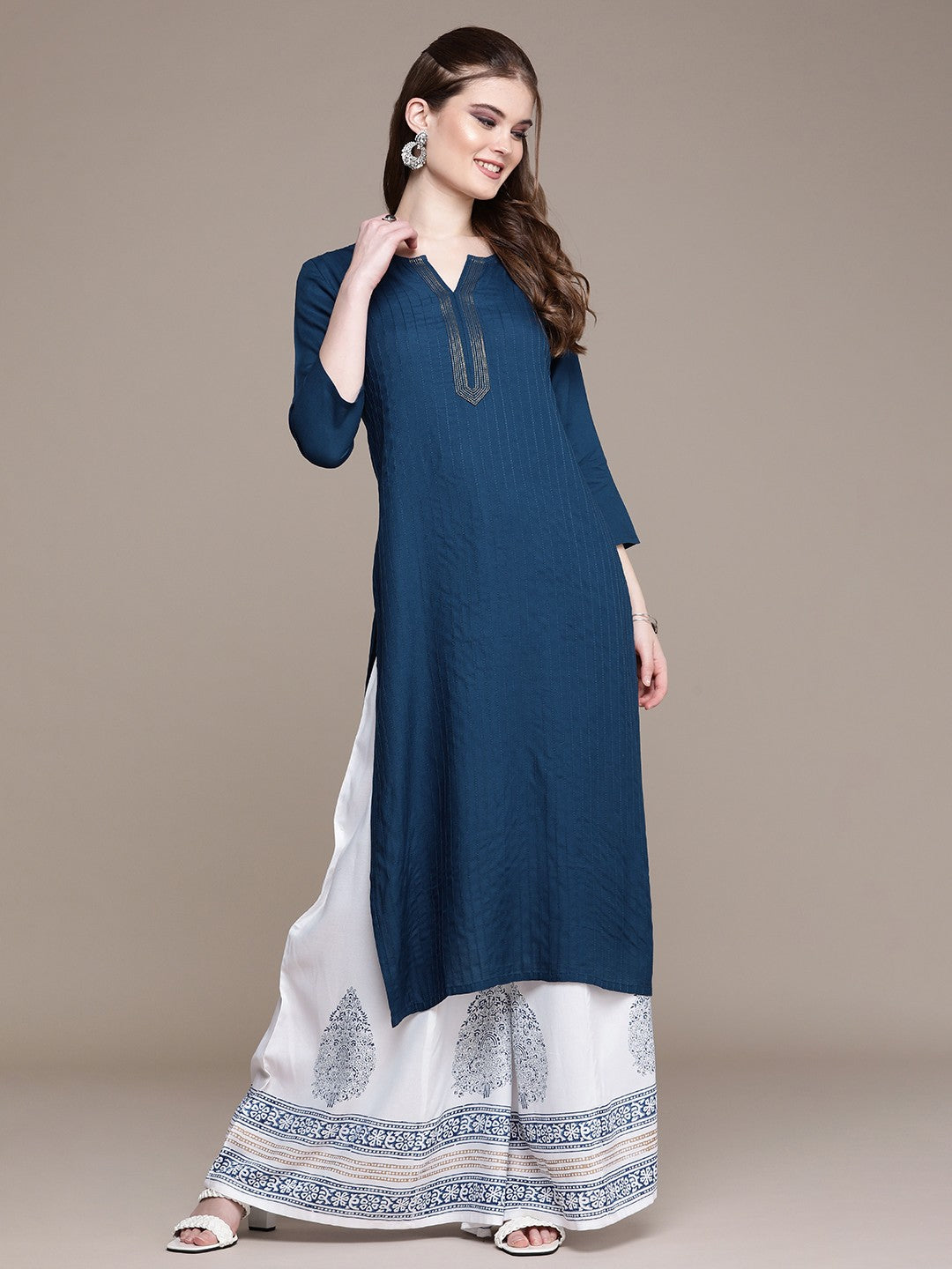 Women Blue Striped Regular Kurta with Palazzos