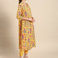 Women Mustard Yellow Floral Printed A- Line Kurta with Trousers