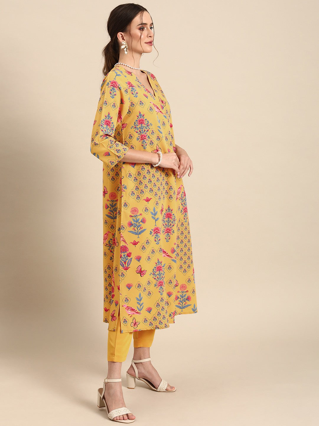 Women Mustard Yellow Floral Printed A- Line Kurta with Trousers