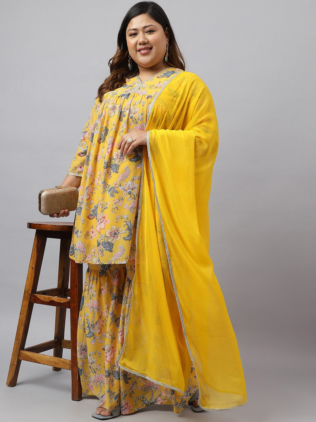 Plus Size Floral Printed Gotta Patti Kurta With Sharara & Dupatta