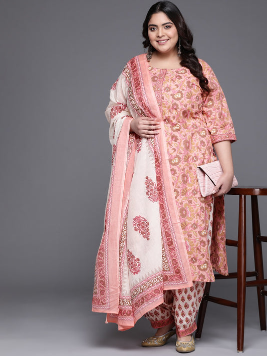 Women Floral Cotton Kurta with Salwar & With Dupatta