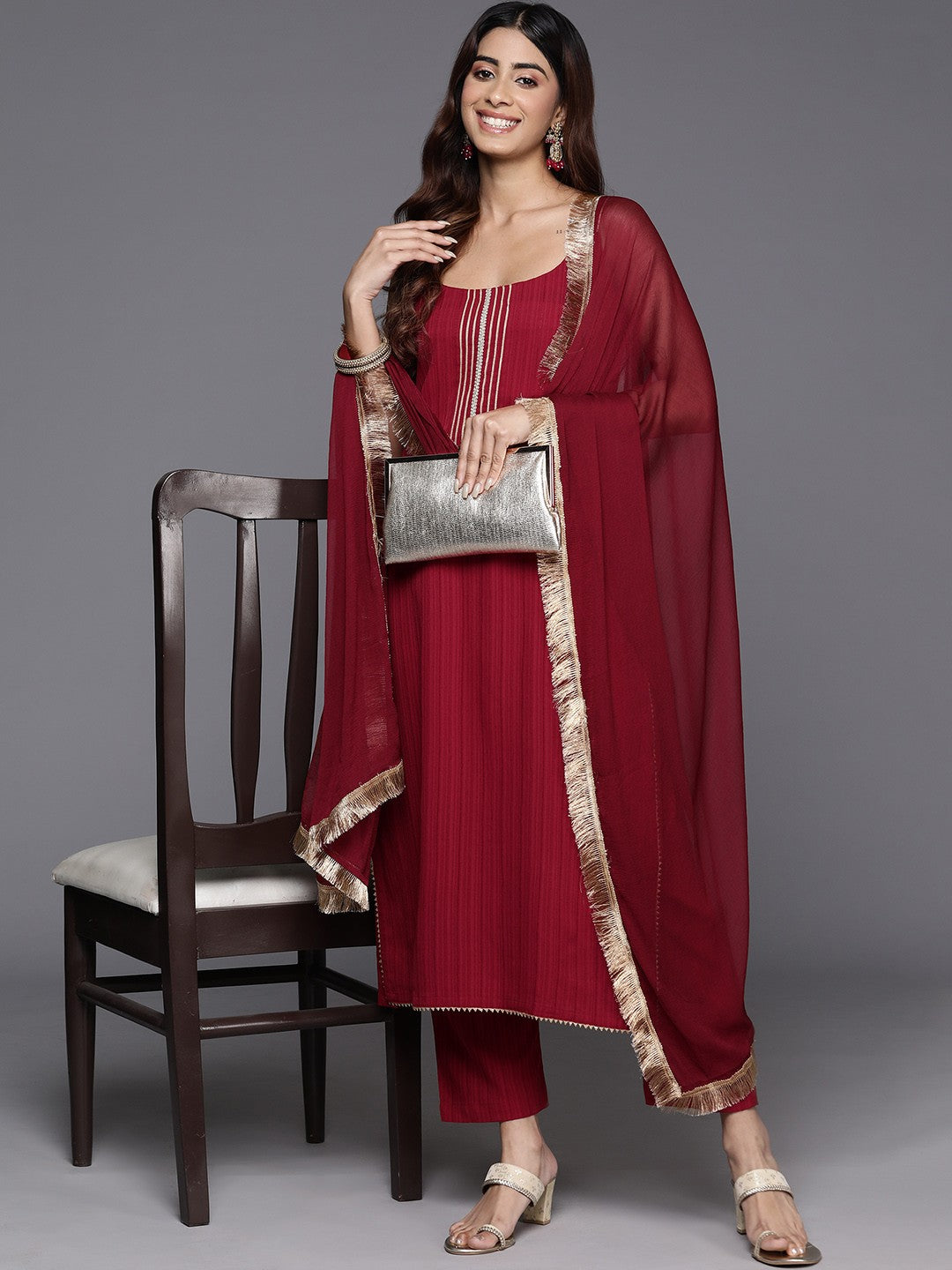 Woven Design Zari Silk Crepe Kurta with Trousers & Dupatta