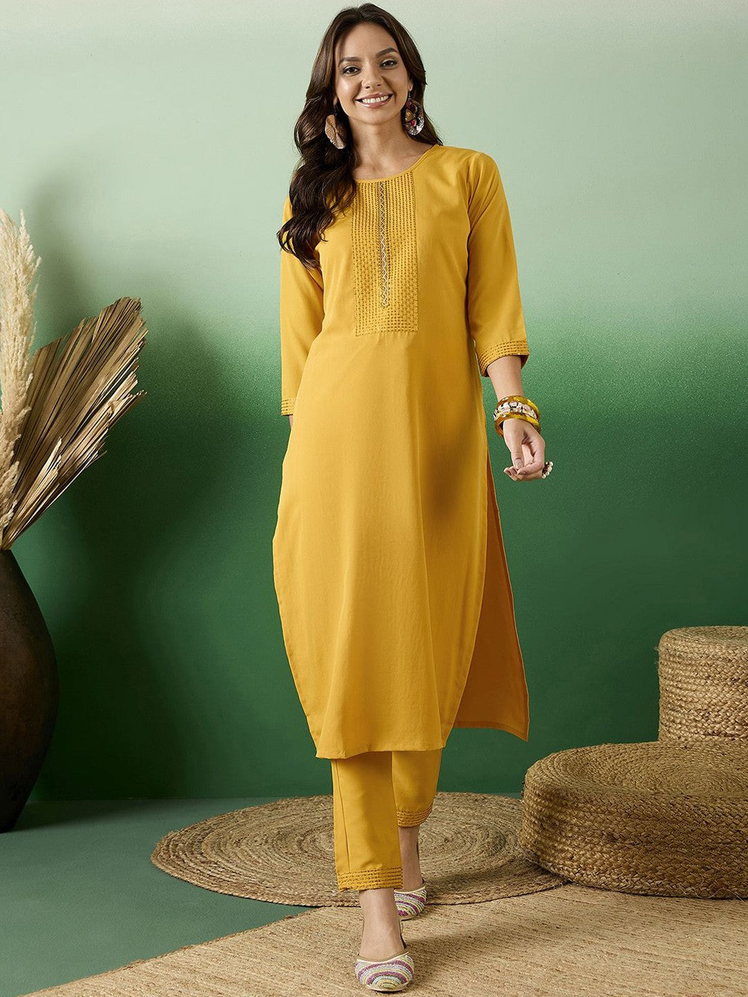 Round Neck Embroidered Straight Kurta With Trouser Set