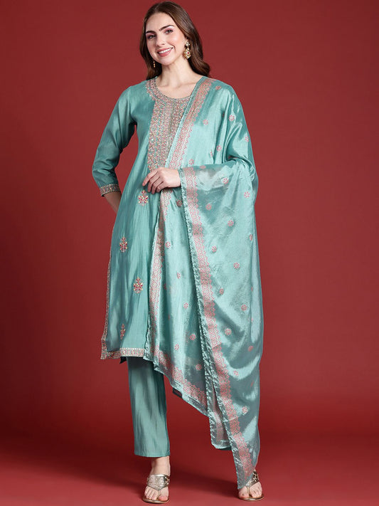 Women Floral Embroidered Regular Sequinned Kurta with Trousers & With Dupatta