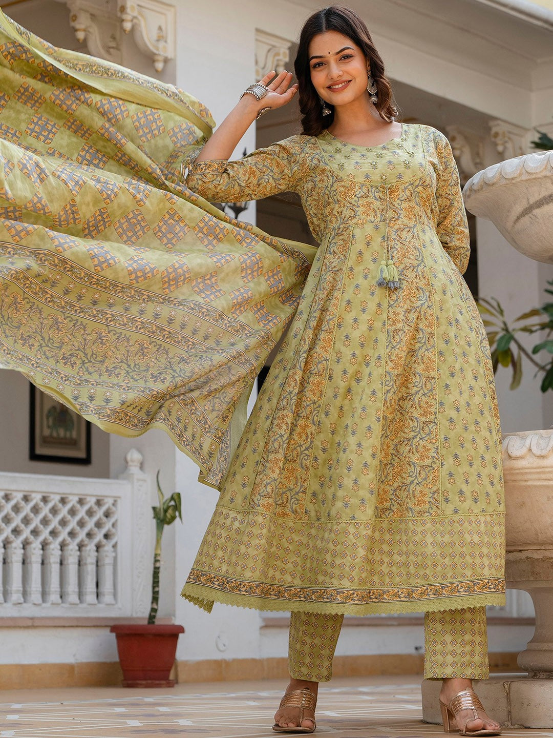 Green Floral Printed Panelled Pure Cotton Anarkali Kurta With Trousers & Dupatta