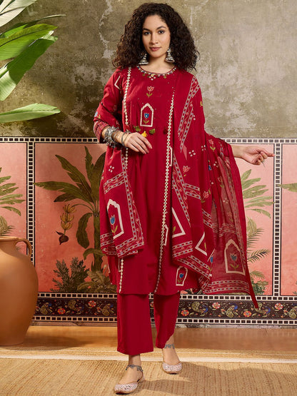 Printed Cotton Round Neck Kurta & Trousers With Dupatta