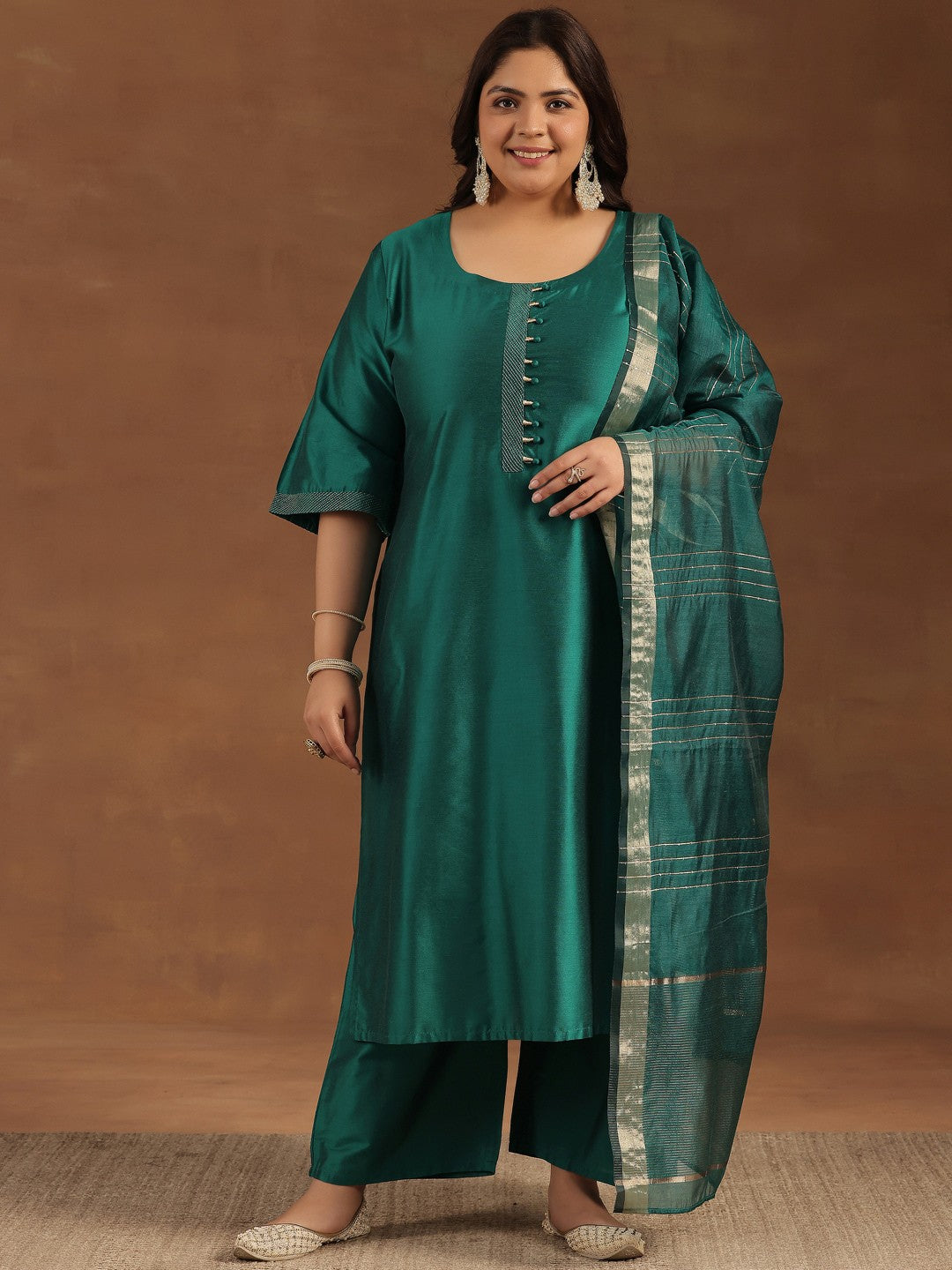 Plus Size Straight Kurta With Palazzos & Dupatta