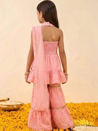 Girls Floral Printed Empire Kurta with Sharara & With Dupatta