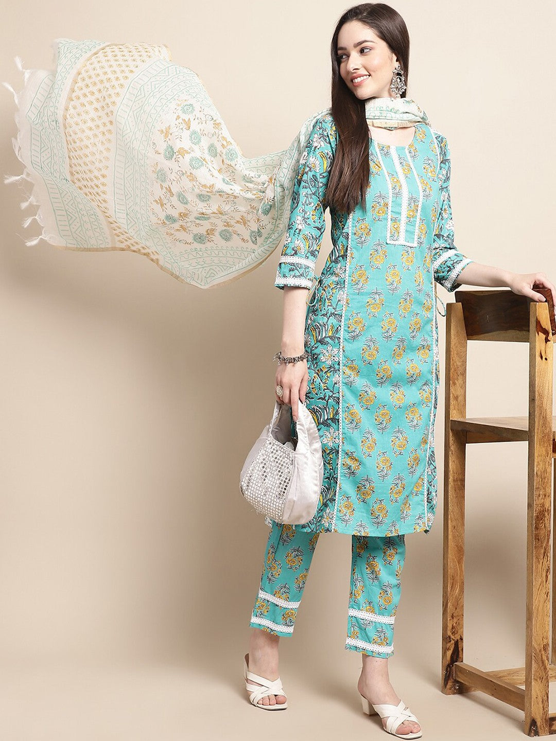 Blue & Gold Ethnic Motifs Printed Pure Cotton Kurta With Trouser & Dupatta