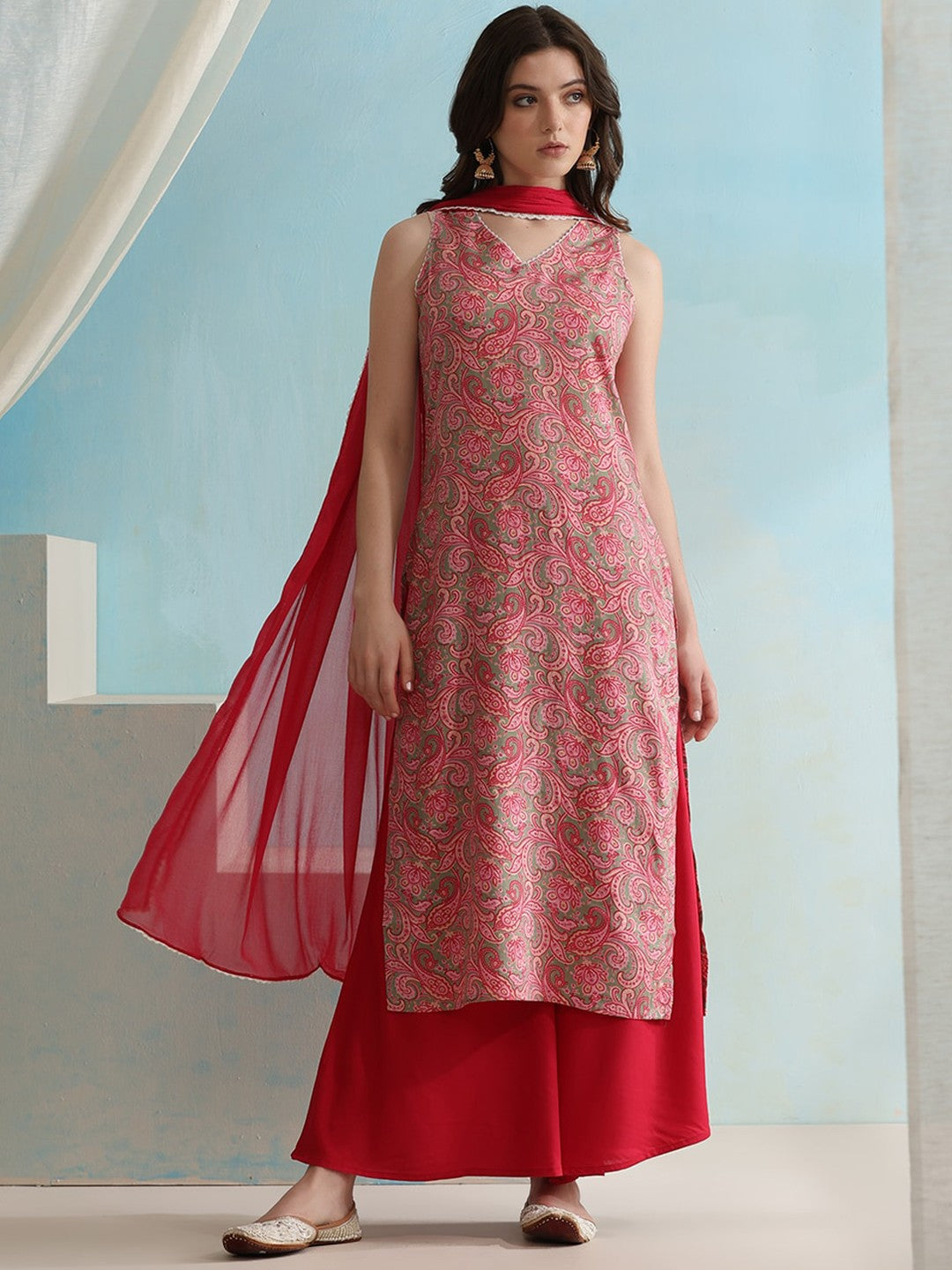 Paisley Printed V-Neck Sleeveless Kurta with Palazzos & With Dupatta