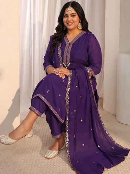 Women Ethnic Motifs Embroidered Regular Sequinned Chanderi Silk Kurta with Trousers &