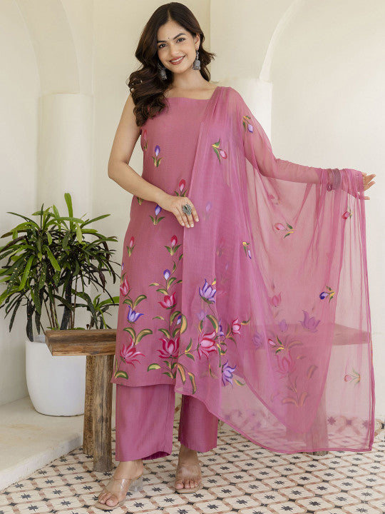 Women Floral Printed Cotton Kurta with Trousers & Dupatta