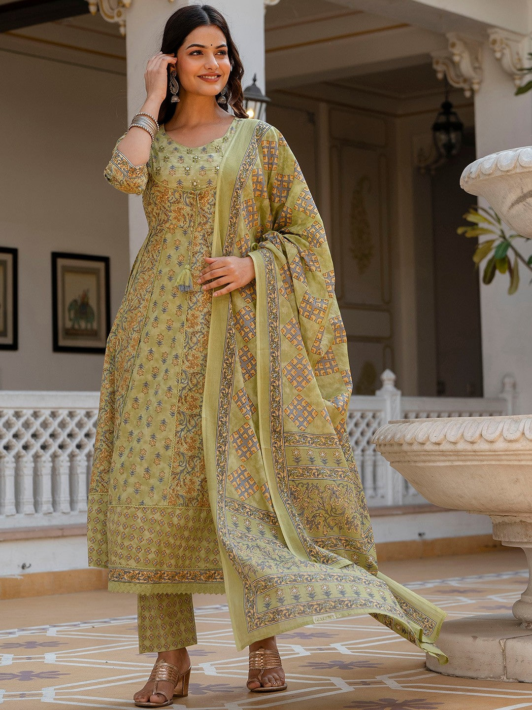 Green Floral Printed Panelled Pure Cotton Anarkali Kurta With Trousers & Dupatta