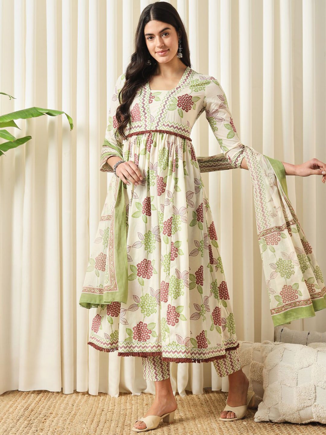 Floral Printed Empire Pure Cotton Flared Anarkali Kurta With Trousers & Dupatta