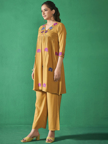 Mustard Yellow V-Neck Embroidered Liva Top With Trousers