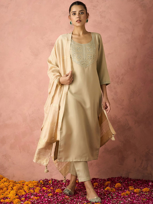 Ethnic Motifs Yoke Design Straight Thread Work Kurta with Trousers & Dupatta