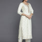 Cream Coloured Ethnic Woven Design Straight Kurta with Trousers & Dupatta