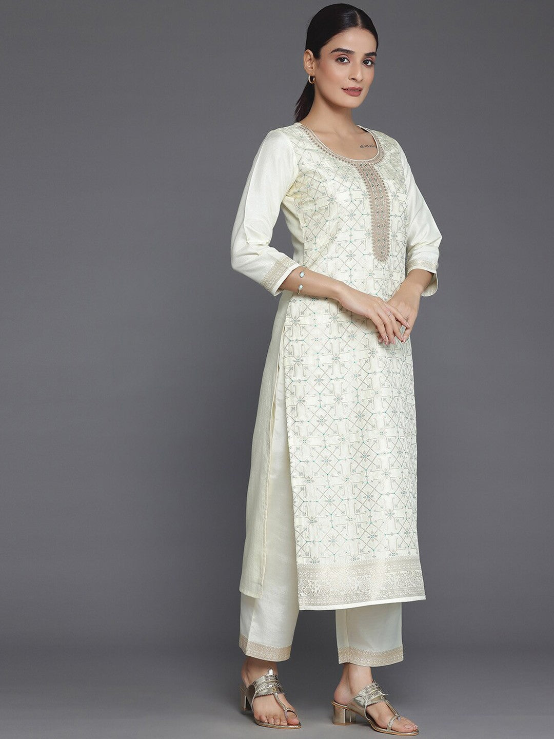 Cream Coloured Ethnic Woven Design Straight Kurta with Trousers & Dupatta