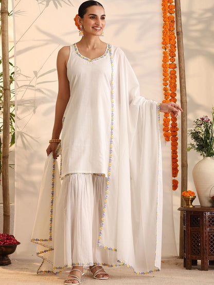 Women Ethnic Motifs Embroidered Regular Thread Work Pure Cotton Kurta with Sharara & With Dupatta