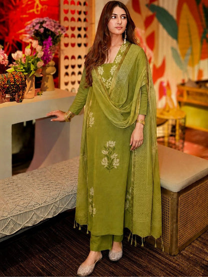Women Floral Embroidered Regular Thread Work Kurta with Palazzos & With Dupatta