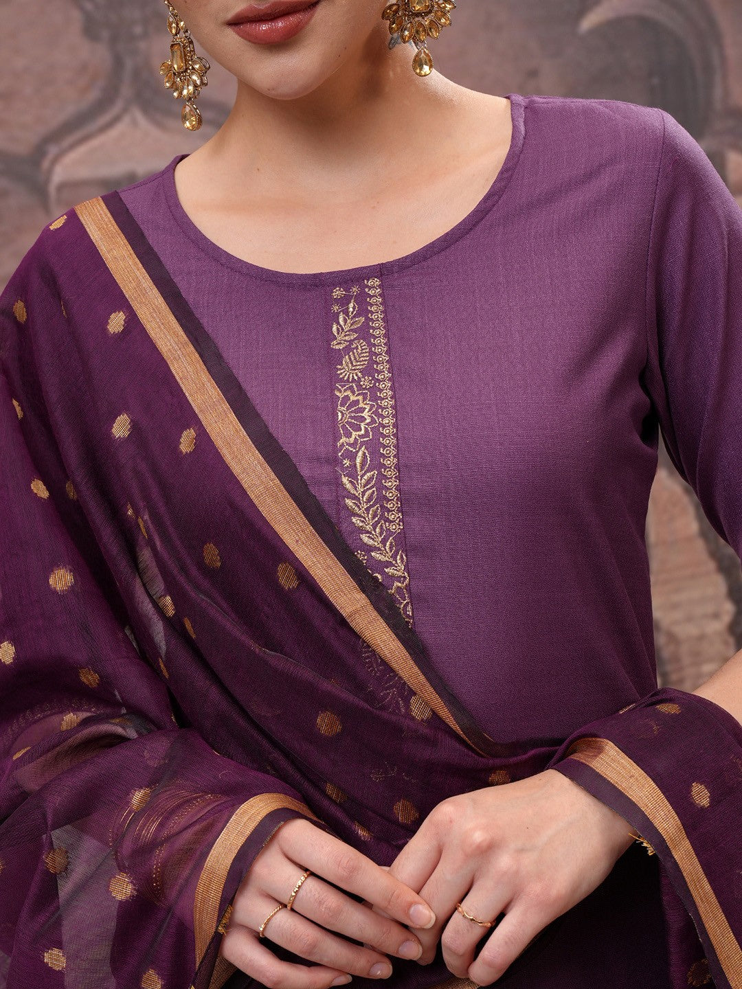 Purple Embroidered Round Neck Straight Kurta with Trouser & Dupatta