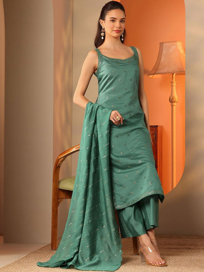 Women Ethnic Motifs Embroidered Regular Thread Work Kurta with Palazzos & With Dupatta