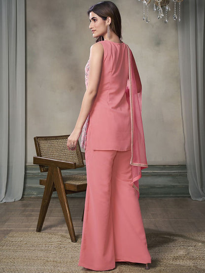 Paisley Embroidered Notch Neck Georgette Straight Kurta & Sharara with Dupatta