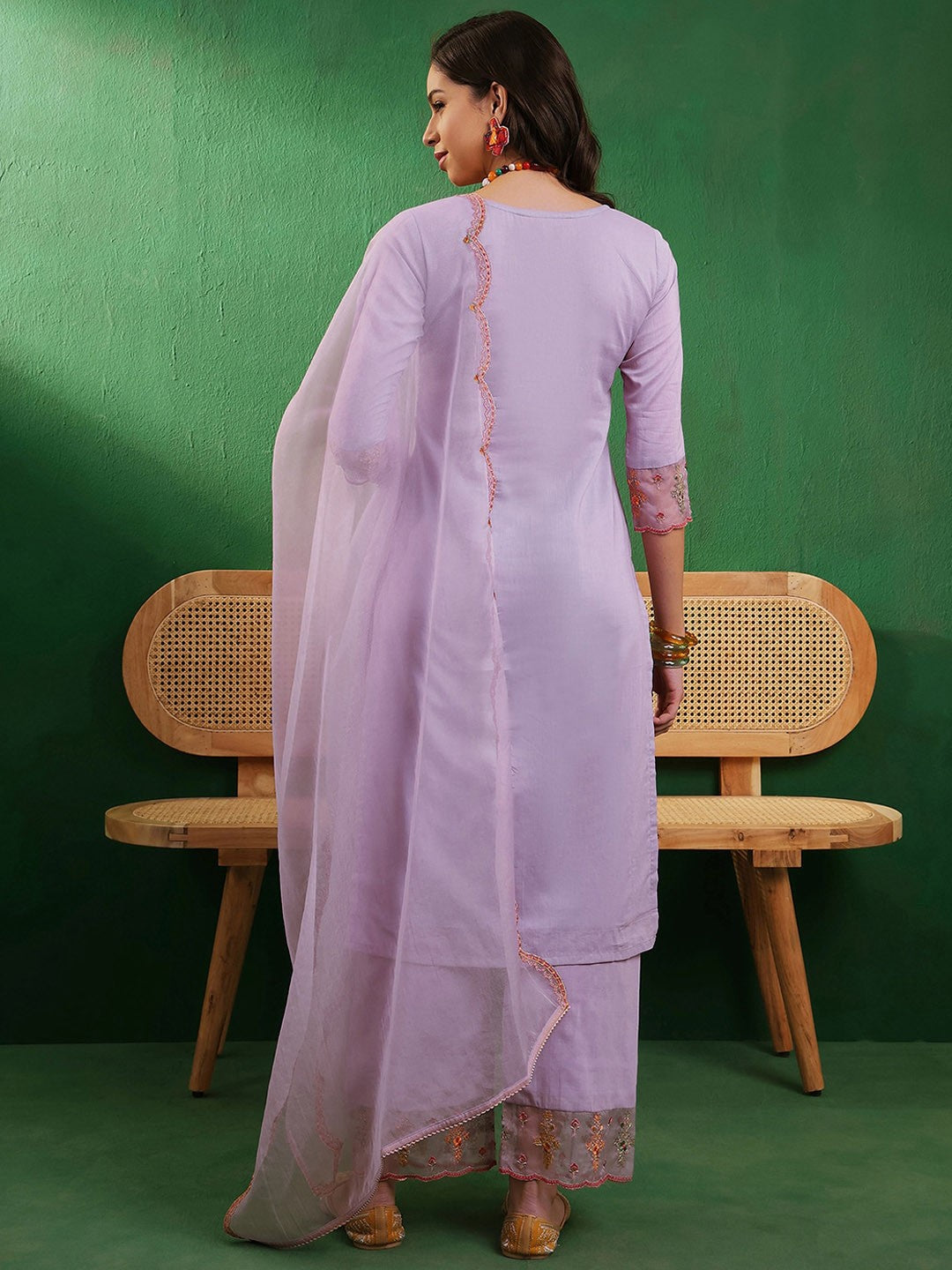 High Slit Thread Work Pure Cotton Kurta With Trouser & Dupatta