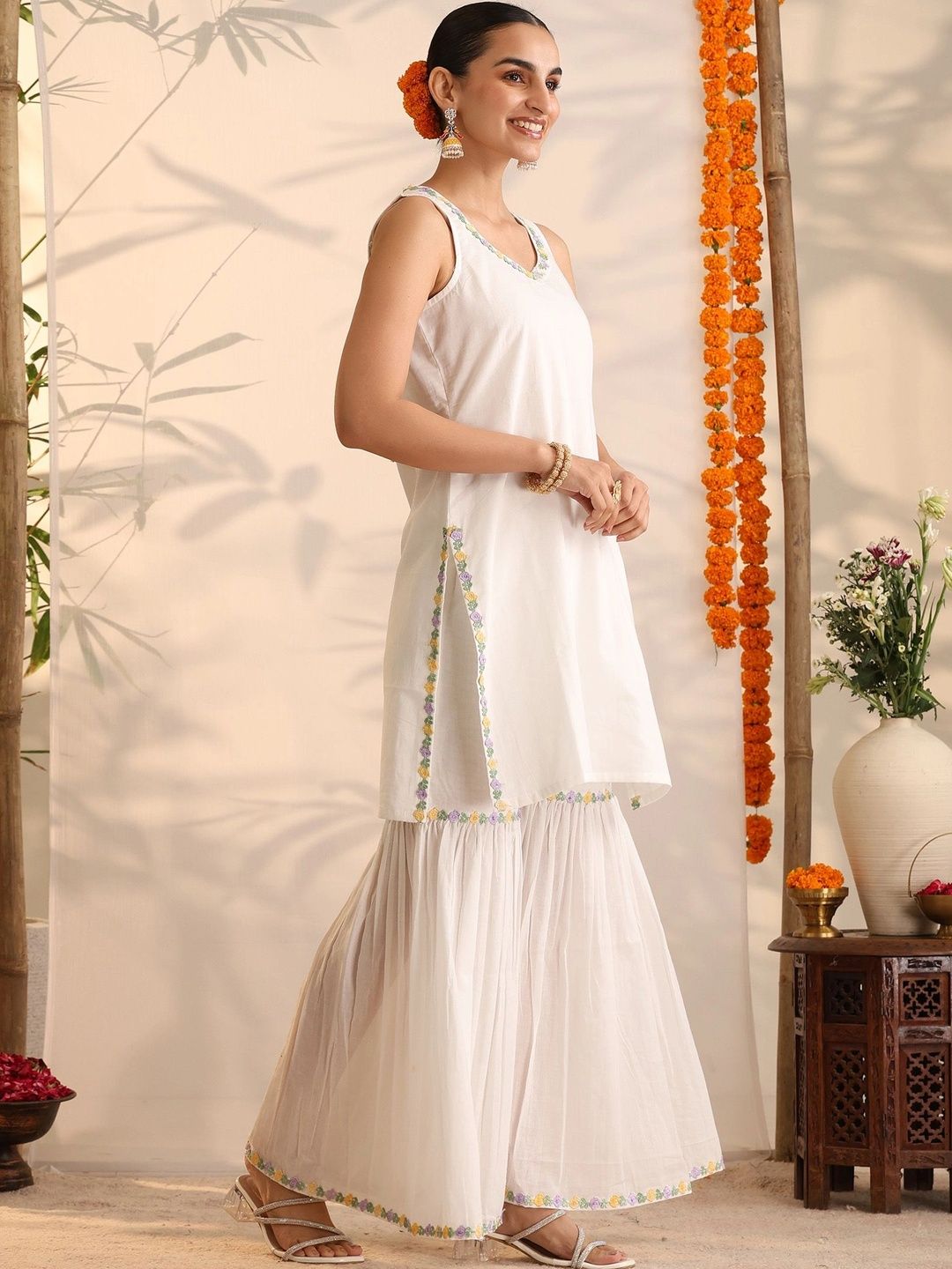 Women Ethnic Motifs Embroidered Regular Thread Work Pure Cotton Kurta with Sharara & With Dupatta
