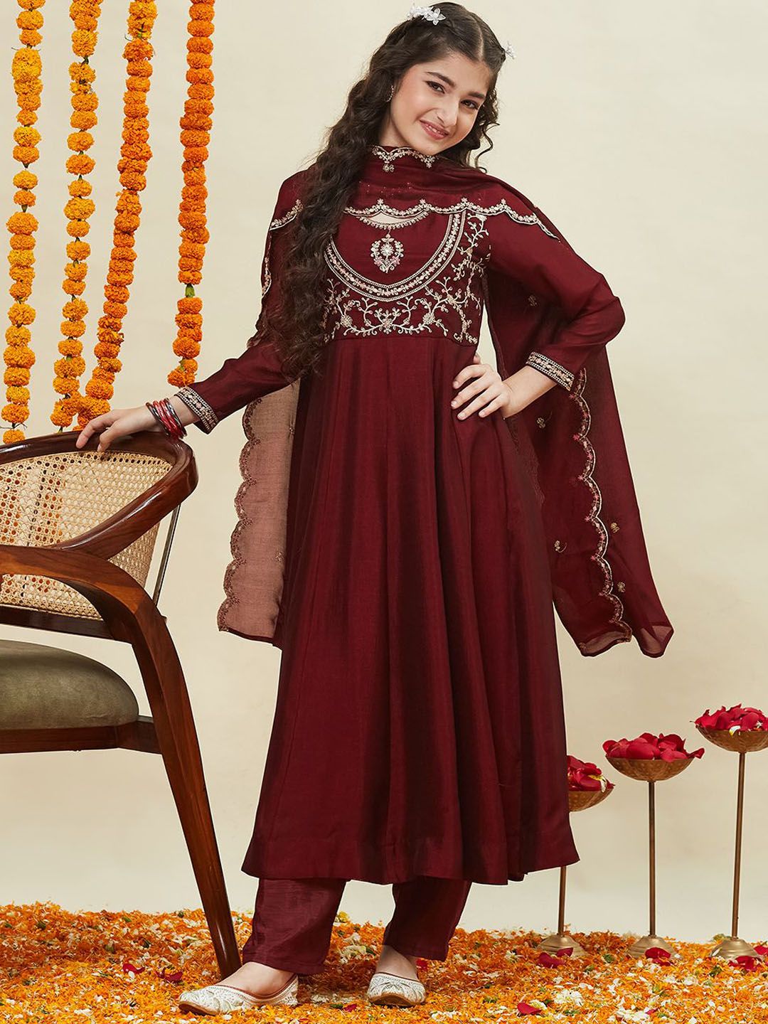 Girls Silk Embroidered Anarkali Kurta and Pant Set with Dupatta