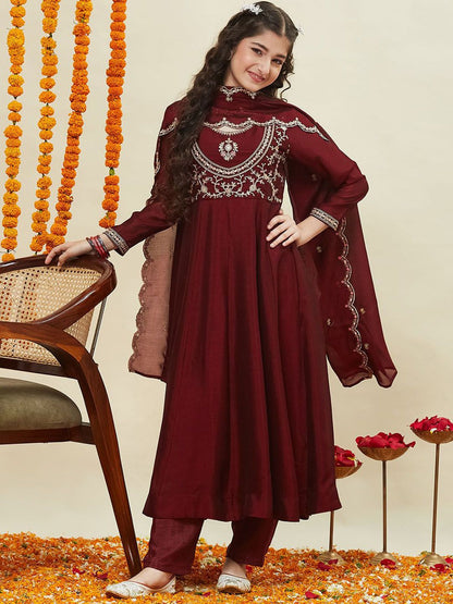 Girls Silk Embroidered Anarkali Kurta and Pant Set with Dupatta