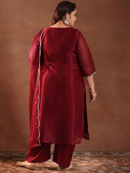 Women Plus Size Embroidered Sequinned Kurta with Trousers & Dupatta