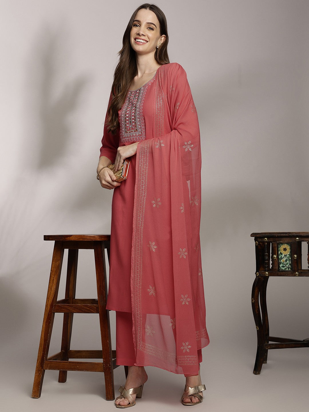 Women Ethnic Motifs Yoke Design Thread Work Kurta with Trousers & Dupatta