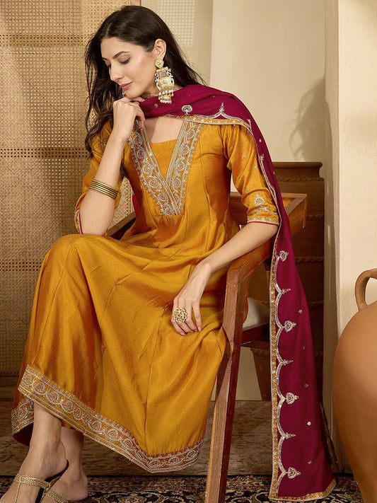 Women Embroidered V-Neck Anarkali Kurta & Trousers With Dupatta