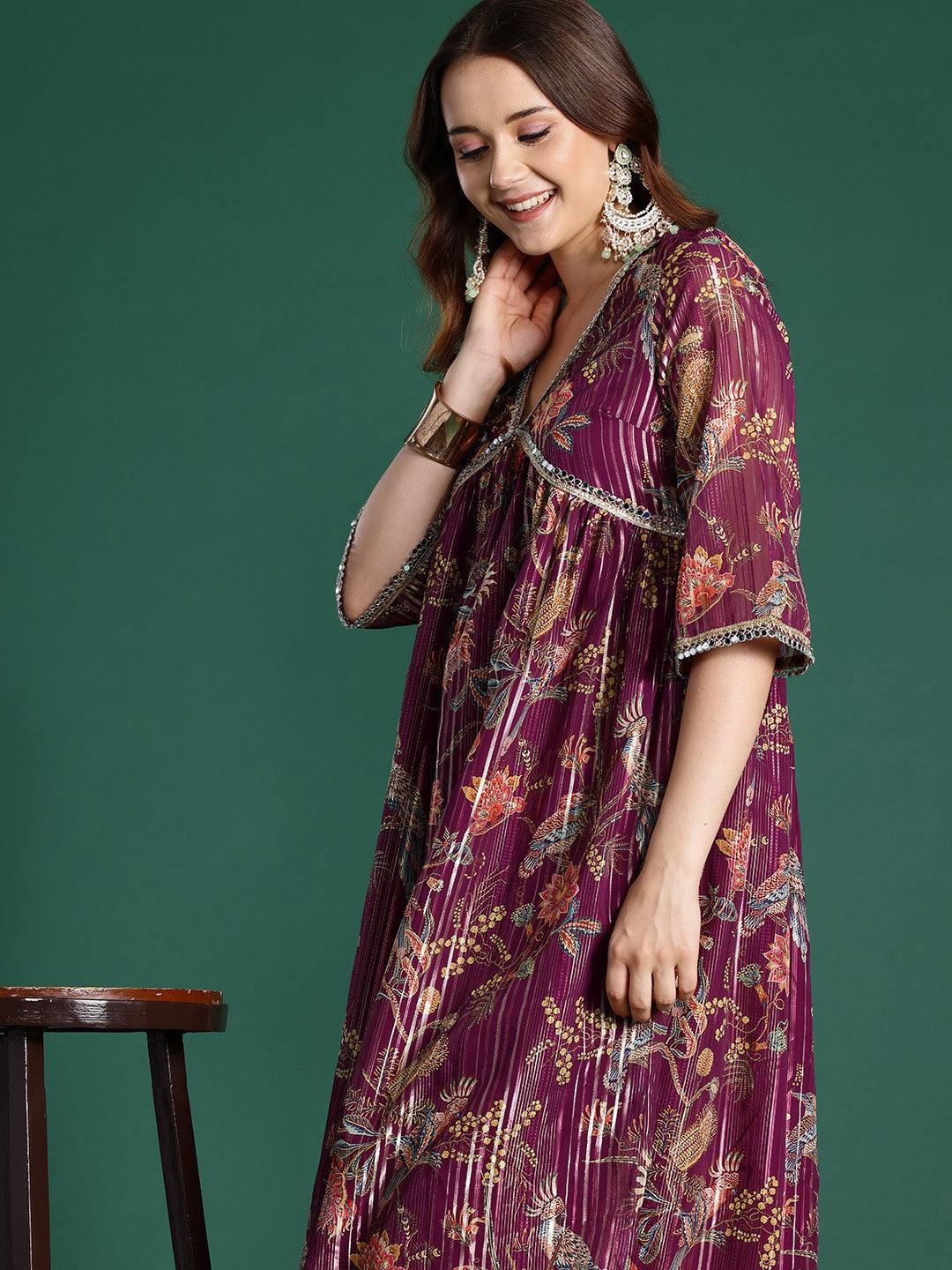 Mirror Work Lurex with Foil Floral Printed Kurta & Trousers