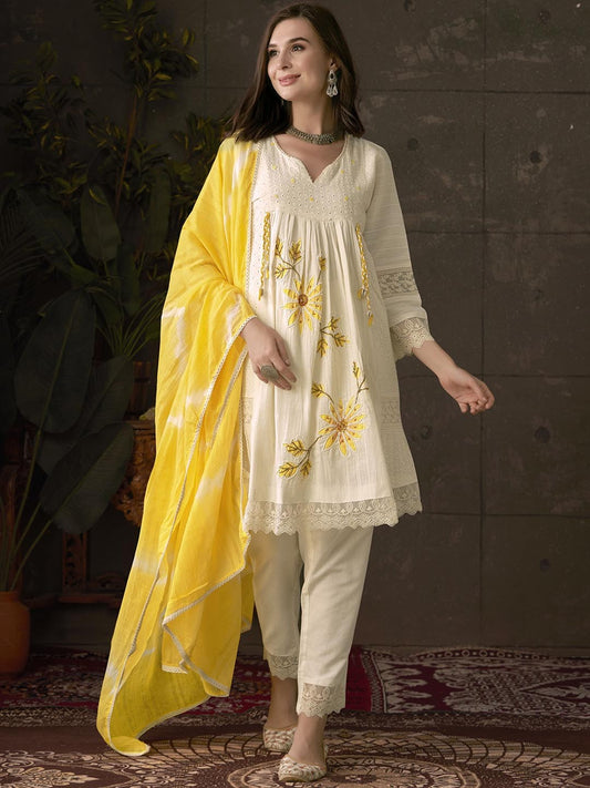 Embroidered Pleated Chikankari Pure Cotton A-Line Kurta With Trousers & Dupatta