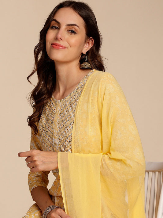 Yellow Floral Printed Gotta Patti Straight Kurta with Trouser & Dupatta