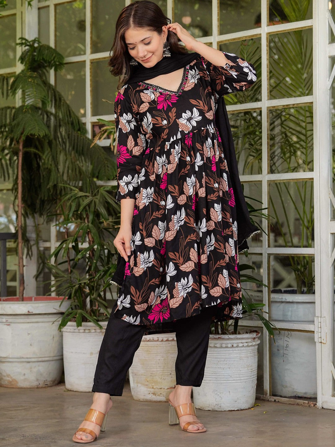 Women Floral Printed High Slit Thread Work Kurta with Trousers & With Dupatta